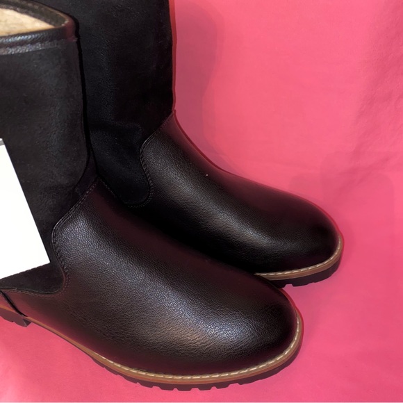 Nautica Boots Black Cream Faux Leather Suede Shearling Women 9.5 Men 8 Cozy Chic - Picture 2 of 13